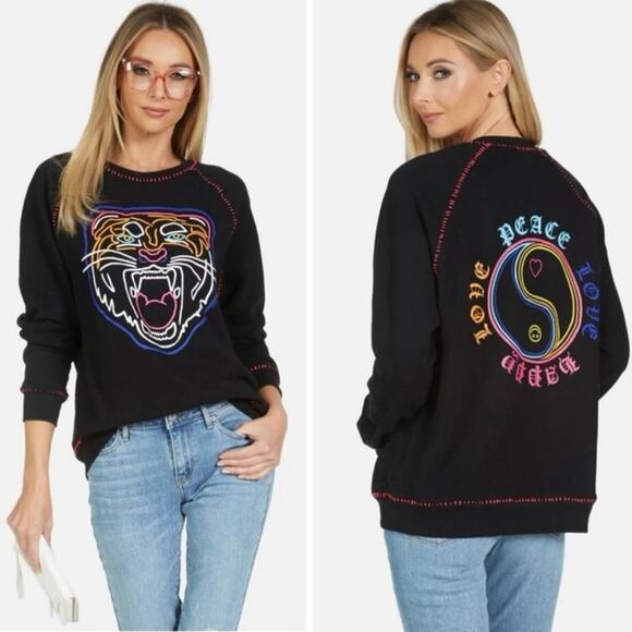 Lauren Moshi Jocelyn Neon Line Tiger drop shoulder pullover OVERSIZED M sweater - Picture 13 of 14